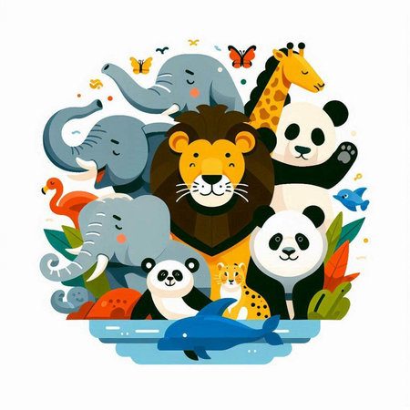 Cute cartoon animals. Vector illustration in a flat style on a white background.のイラスト素材