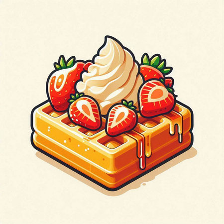 Vector illustration of a waffle with strawberries and whipped cream on a light backgroundのイラスト素材
