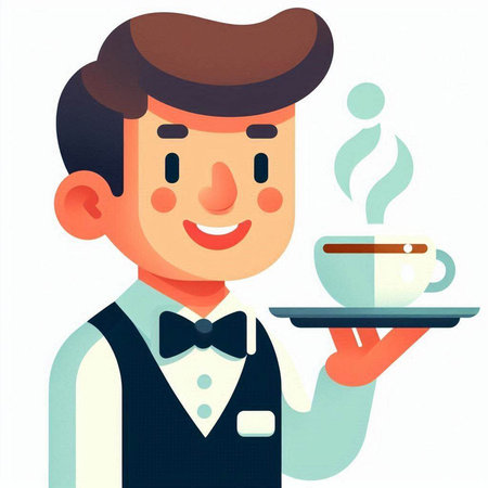 Illustration of a waiter holding a tray with a cup of coffeeのイラスト素材