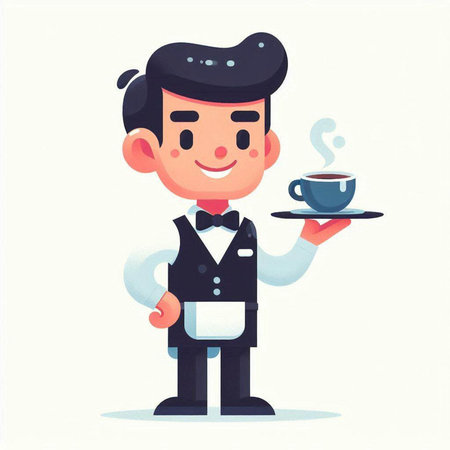 Waiter holding a cup of coffee. Vector illustration in cartoon styleのイラスト素材