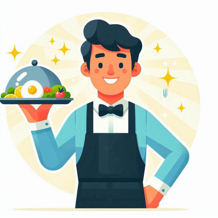 Waiter holding tray with food. Vector illustration in cartoon style.のイラスト素材