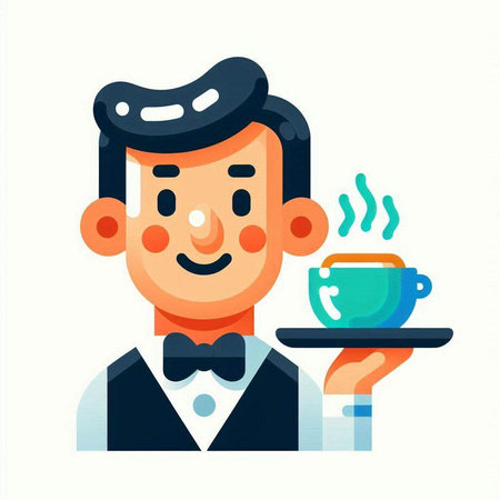 Waiter with a cup of coffee. Vector illustration in flat styleのイラスト素材