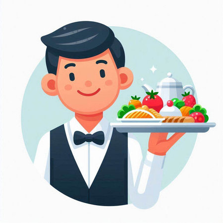 Waiter holding a tray of food. Vector illustration in cartoon style.のイラスト素材