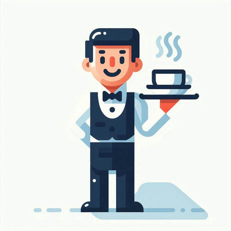 Waiter with a tray of coffee. Flat style vector illustration.のイラスト素材