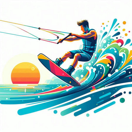 Vector illustration of a man on a wakeboard on the background of waves.のイラスト素材