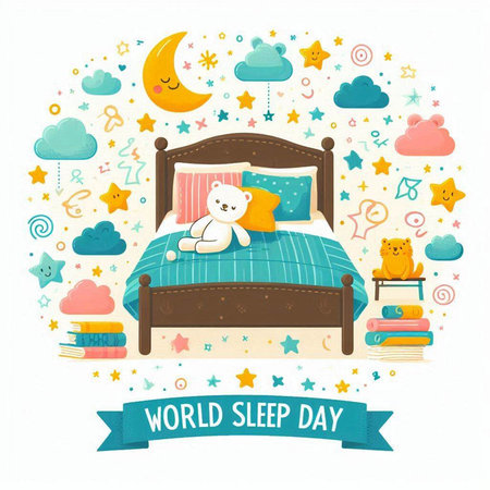 World Sleep Day. Hand drawn vector illustration with cute cartoon character sleeping on the bed.のイラスト素材