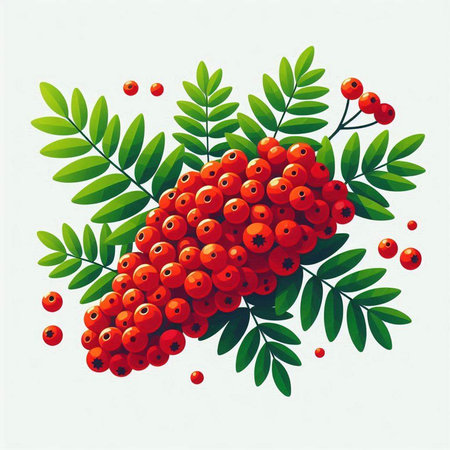 Red rowan berries with green leaves and berries. Vector illustration.のイラスト素材