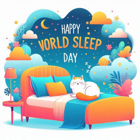 Vector illustration of a greeting card for World Sleep Day with cute cat sleeping on the sofa.のイラスト素材