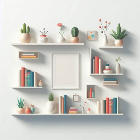 White bookshelves with books, plants and decorations. 3d renderingのイラスト素材