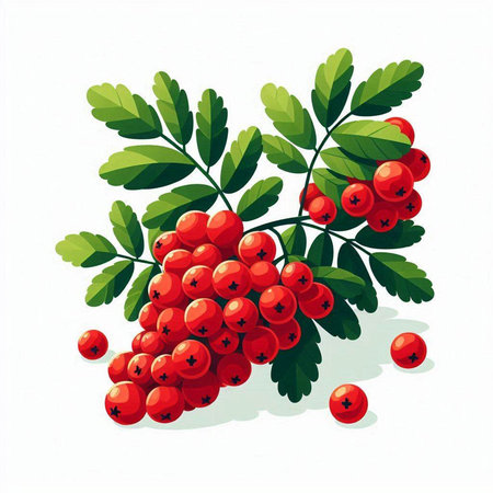 Rowan branch with red berries isolated on white background. Vector illustration.のイラスト素材