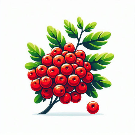 Red rowan berries on a branch with green leaves. Vector illustration.のイラスト素材
