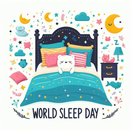 World sleep day. Cute hand drawn vector illustration with bed and pillow.のイラスト素材