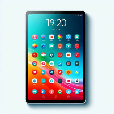 Tablet PC with colorful application icons on the screen. Vector illustration.のイラスト素材