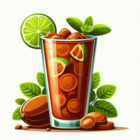 Cocktail with ice, lime and mint. Vector illustration.のイラスト素材