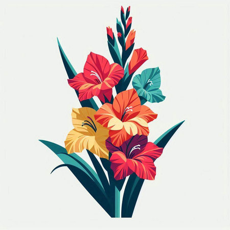 Bouquet of gladiolus flowers in retro style. Vector illustration.のイラスト素材