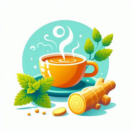 Cup of hot tea with ginger and mint. Vector illustration.のイラスト素材