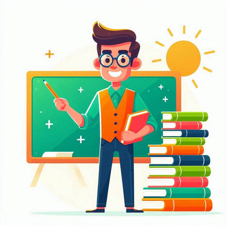 Teacher or schoolboy in glasses standing at the blackboard. Vector illustration in cartoon styleのイラスト素材