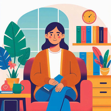 Young woman sitting on the couch and reading a book. Vector illustrationのイラスト素材