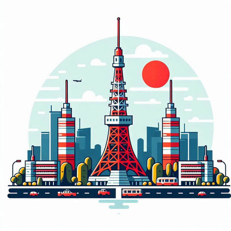Tokyo Tower, Tokyo, Japan. Vector illustration in flat styleのイラスト素材