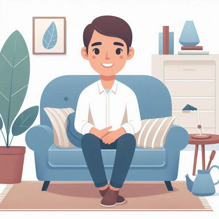 Young man sitting on the sofa in the living room. Vector illustration.のイラスト素材