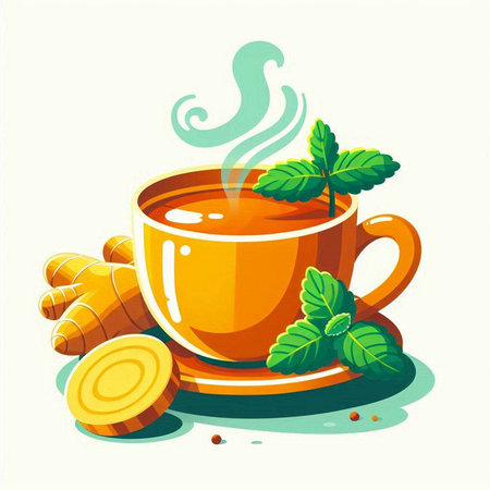 Cup of tea with mint, ginger and honey. Vector illustration.のイラスト素材