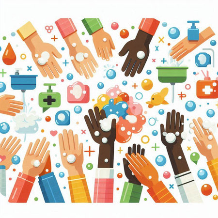 Hands washing with soap and sanitizer. Vector illustration.のイラスト素材