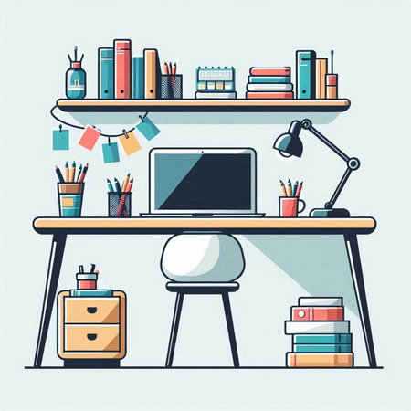 Workplace with computer, books, stationery and lamp. Vector illustrationのイラスト素材