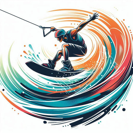 illustration of a man on a wakeboard on a colorful backgroundのイラスト素材
