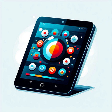 Tablet pc with colorful media icons on the screen. Vector illustration.のイラスト素材
