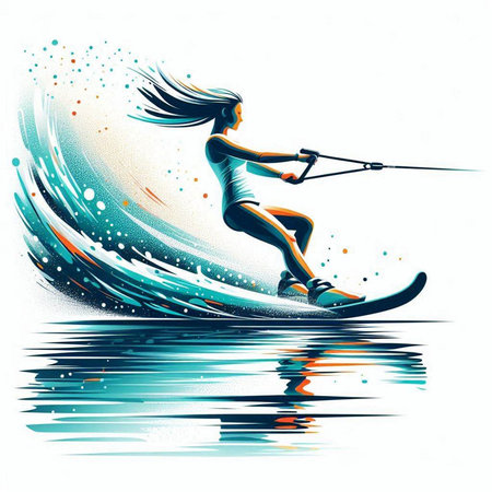 illustration of a woman skiing on the water with surfboard.のイラスト素材