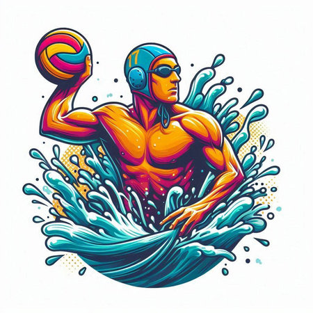 Water polo player with a ball in the water. Vector illustration.のイラスト素材