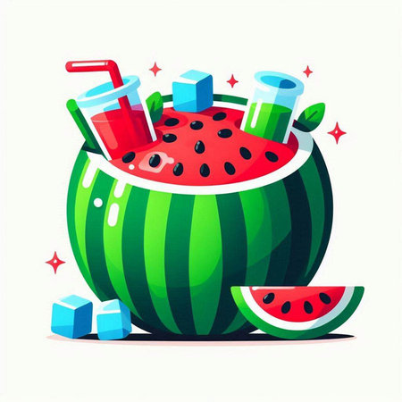 Watermelon juice in a watermelon bowl. Vector illustration in cartoon style.のイラスト素材