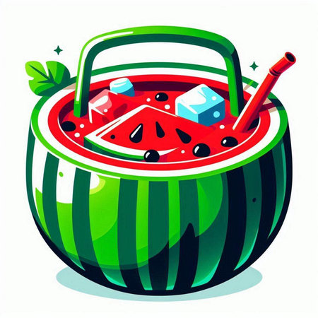 Cocktail with watermelon, ice cubes and straw. Vector illustration.のイラスト素材