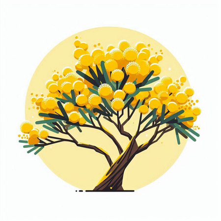 Mimosa tree with yellow flowers on the yellow background. Vector illustration.のイラスト素材