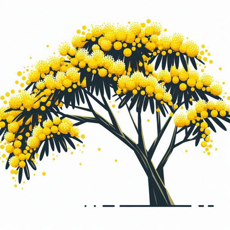 mimosa tree with yellow flowers isolated on white background, hand drawn illustrationのイラスト素材