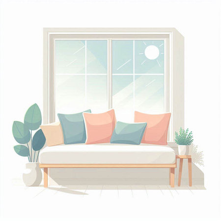 Living room interior with sofa, window and plants. Vector illustration.のイラスト素材