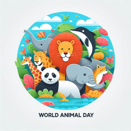 World Animal Day. Cute cartoon animals in the circle. Vector illustration.のイラスト素材