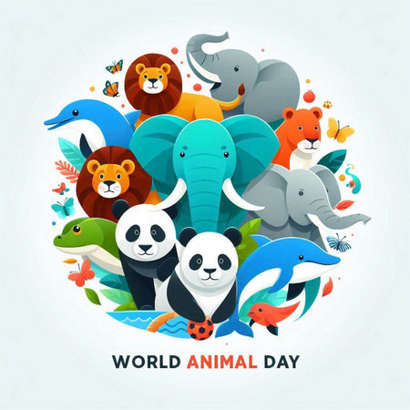 World Animal Day. Cute cartoon animals in circle. Vector illustration.のイラスト素材