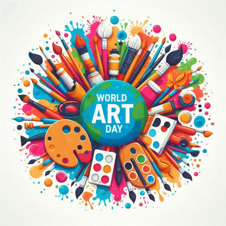 Vector illustration of World Art Day background with watercolor paints and brushesのイラスト素材