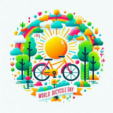 World Bicycle Day. Vector illustration with bike, trees, sun and rainbowのイラスト素材
