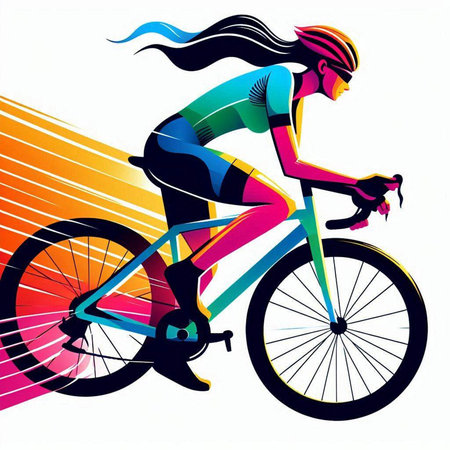 Cyclist girl with bicycle on colorful background. Vector illustration.のイラスト素材
