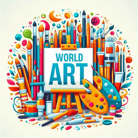 Welcome to art school poster with colorful paints and brushes. Vector illustrationのイラスト素材