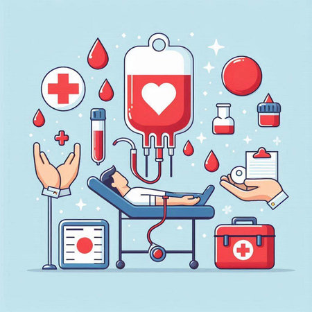 Blood donation concept. Vector illustration in flat design style for web banners, posters, infographics.のイラスト素材