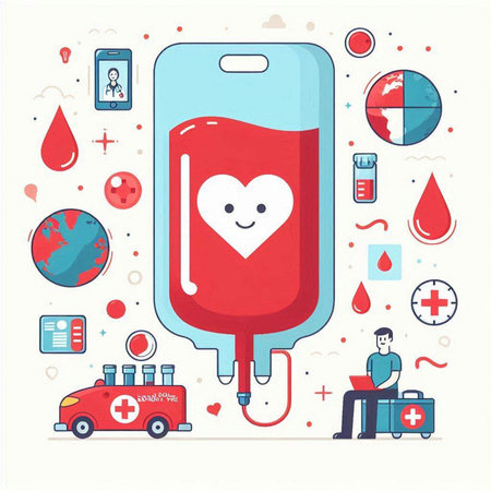 Blood donation concept. Vector illustration with flat line icons and elements.のイラスト素材