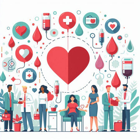 Blood donation concept. Doctor, nurse and patient with heart. Vector illustrationのイラスト素材