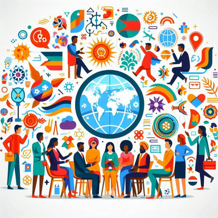 Global communication concept with people around the globe. Vector illustration in flat styleのイラスト素材