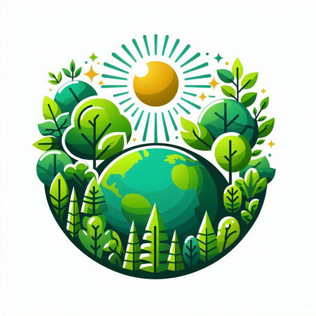 Ecology concept. Green planet with trees and sun. Vector illustration.のイラスト素材