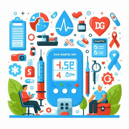 Diabetes concept. Vector illustration in flat style with icons and symbols.のイラスト素材