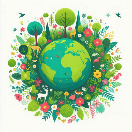 Ecology and environment concept with world globe and forest. Vector illustration.のイラスト素材