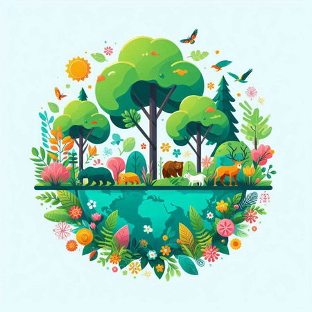 Vector illustration of World Environment Day concept with trees, flowers and animalsのイラスト素材